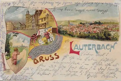 AK: Gruss aus Lauterbach, 1901, Zugstempel Giessen nach St. Johann