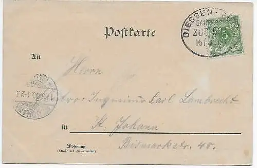 AK: Gruss aus Lauterbach, 1901, Zugstempel Giessen nach St. Johann