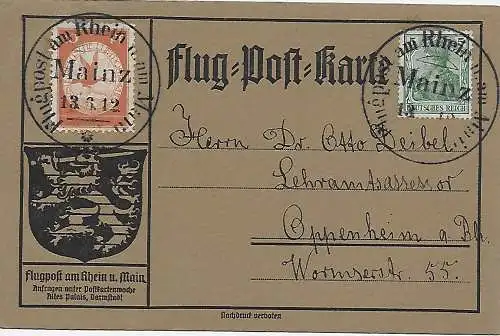 DR: Flug-Post-Karte: Flugpost 1912 am Rhein und am Main nach Oppenheim