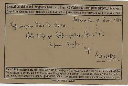 DR: Flug-Post-Karte: Flugpost 1912 am Rhein und am Main nach Oppenheim