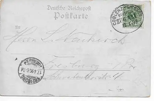 AK: Gruss aus Obernhof a.d.Lahn, Lithokarte 1899, Zugstempel Koblenz-Giessen