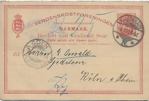 Dänemark: Doppel-Werbekarte mit Antwortkarte Kopenhagen nach Köln, 1901