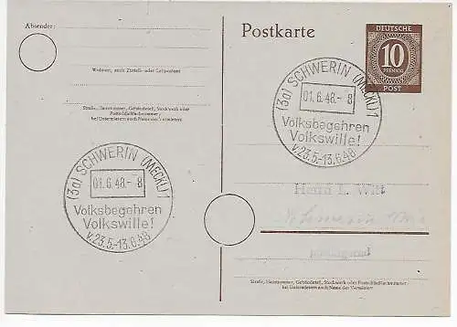 All. Bes. Sonderstempel Schwerin: Volksbegehren Volkswille 1948