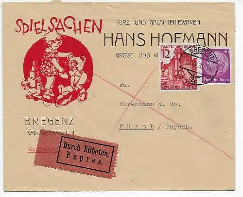 DR: Eilboten Brief Bregenz nach Fürth: Spielsachen 1939