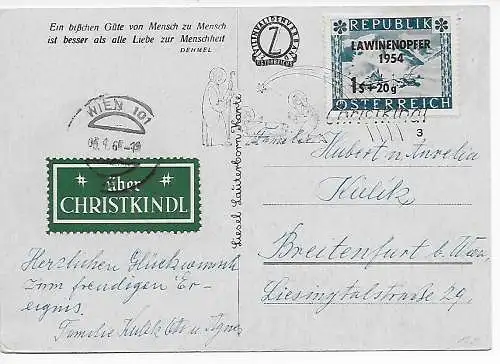 Österreich: Christkindl Postkarte und Vignette 1965 nach Breitenfurt