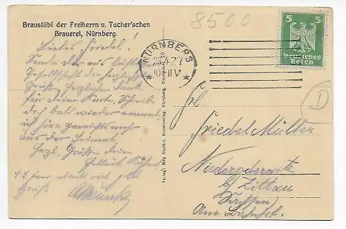 AK: Nürnberg Braustübl Tuchersche Brauerei, 1927