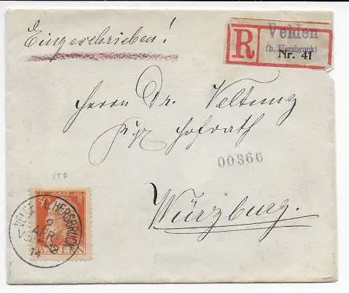 Bayern: Einschreiben Velden/Hersbruck nach Würzburg 1914