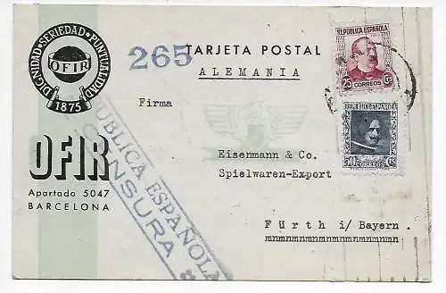 Spanien: Postkarte vn Barcelona nach Fürth, 1938, republikanische Zensur