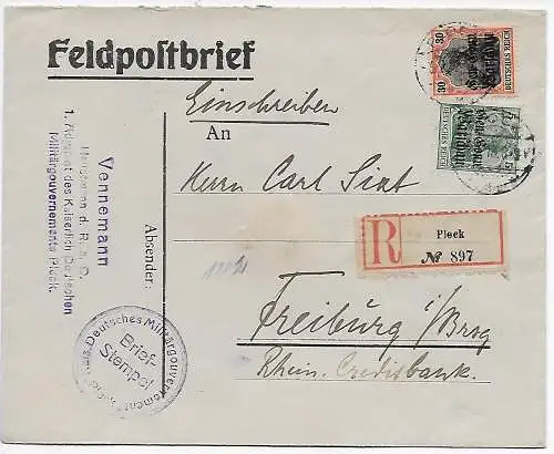 Besetzung I. WK Polen: Feldpostbrief Plock nach Freiburg 1918