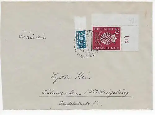 Bund: MiNr. 122, Eckrand auf Brief von Heidelberg 1950