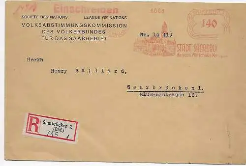 Saargebiet: Volksabstimmungskommission für das Saargebiet, Einschreiben 1934