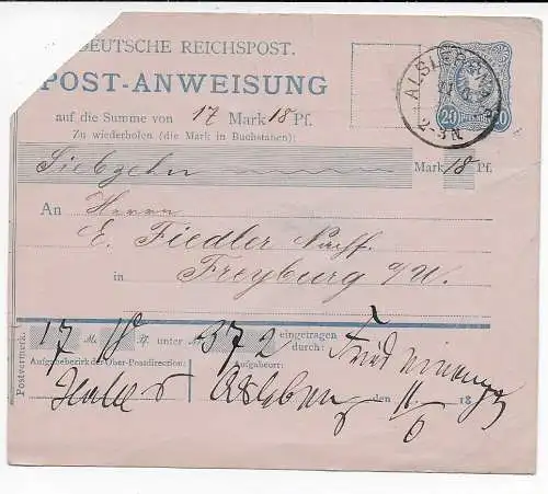 DR: Post-Anweisung Alsleben 1883  nach Freiburg