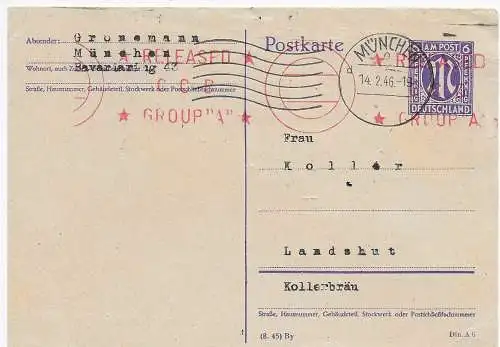 BiZone: Ganzsache München nach Landshut Kollerbräu, 1946 mit Zensur - Nähfaden