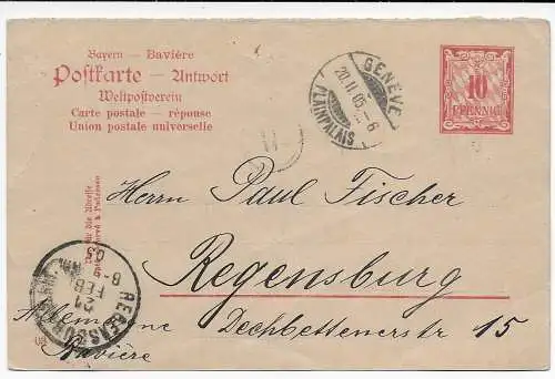 Bayern: Antwortpostkarte Genf nach Regensburg, 1905