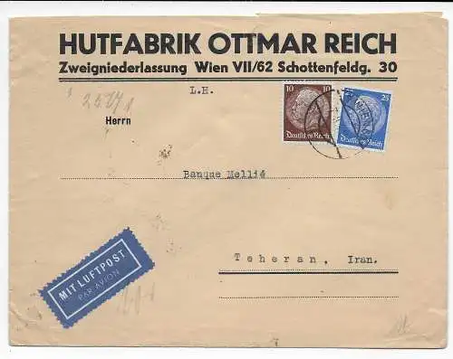 DR: Hutfabrik Wien, Luftpost nach Teheran 1941 mit OKW Zensur