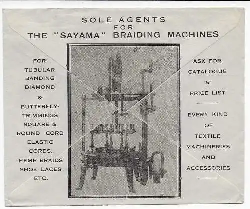 Indien: Bombay 1939 to Fuerth, Braiding Machines, Werbung rückseitig