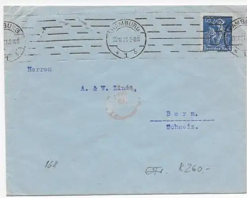 DR: Brief aus Hamburg 1921 nach Bern/Schweiz, EF MiNr. 188