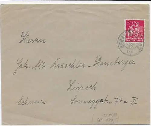 DR: Brief aus Kempten 1922 nach Zürich, MiNr. 186 EF