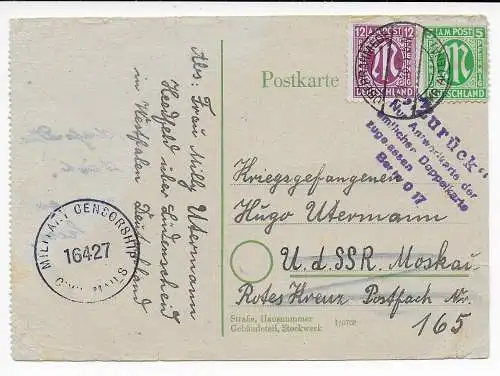 BiZone: Postkarte Oberahmede 1946, nach Moskau, Zensur, zurück, Kgf/Pow