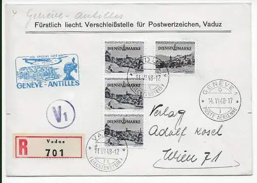 Liechtenstein: Einschreiben Vaduz 1948 Flugpost Genf-Antillen