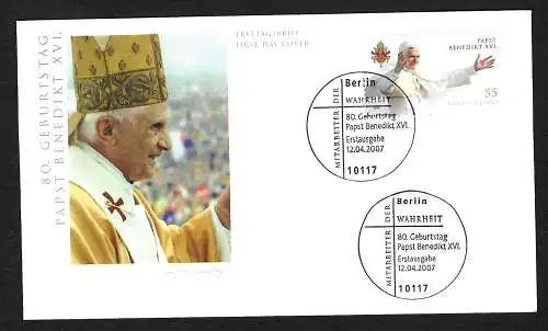 Bund: 80. Geburtstag von Papst Benedikt XVI, 2007, FDC