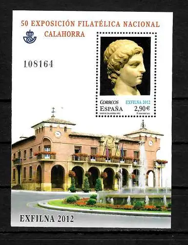 Spanien: Briefmarkenausstellung EXFILNA 2012, Calahorra #4728, Block #228, **