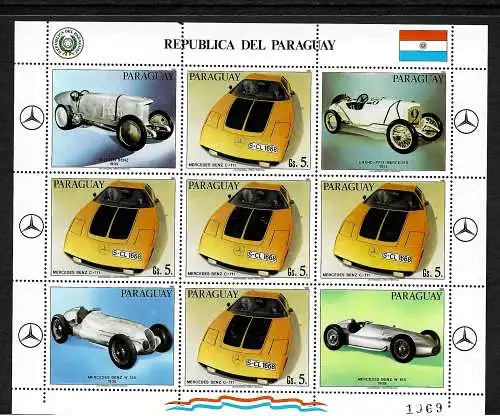 Paraguay: Vintage racing cars, Oldtimer Rennwagen, #3592, Kleinbogen, postfrisch