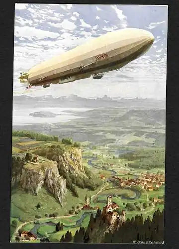 Zeppelin über dem Bodensee, Historische Postkarte Deutschland