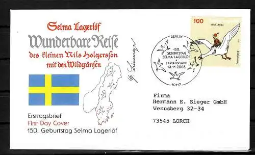 Bund: Selma Lagerlöf, Nils Holgersson, FDC 2008, #2705