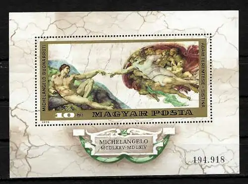 Ungarn: 500. Geburtstag von Michelangelo Buonarroti, #3038, Block #110A, **