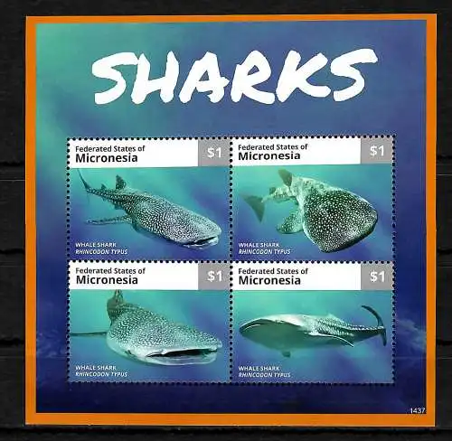 Mikronesien: Walhaie, Whale shark, bloc with 4 stamps, postfrisch