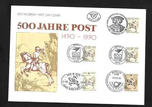 Bund: 500 Jahre Post, 1990 mit 5x verschiedenen Sonderstempeln, FDC