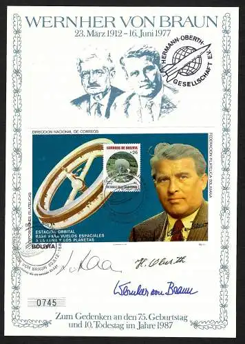 Österreich: Hermann Oberth Gedenkblatt mit Unterschriften, Wernher von Braun