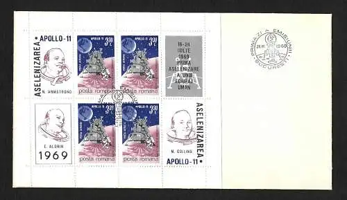 Rumänien: Weltraum: Apollo 11, Besatzung, 1969, Block #72, FDC