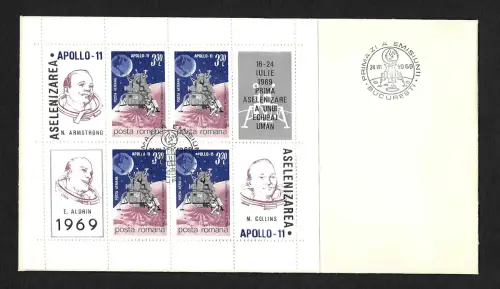 Rumänien: Weltraum: Apollo 11, Besatzung, 1969, Block #72, FDC