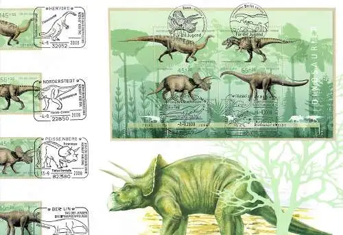 Bund: Dinosaurier: übergroßer FDC mit 8 verschieden Sonderstempeltn 2008