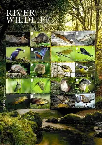 GB:  River Wildlife, 3x 1st+7x 2nd stamps, big sheet, Salmon,Kingfisher, Otter