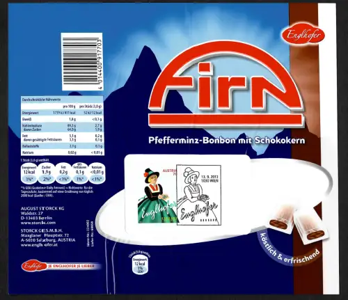 Österreich: Klassische Markenzeichen: Firn: Pfefferminz-Bonbon mit Schokokern