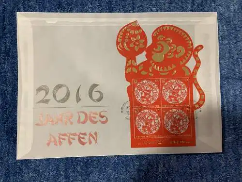 Liechtenstein: Jahr des Affen 2016, Briefmarken-Block, FDC Scherenschnitt