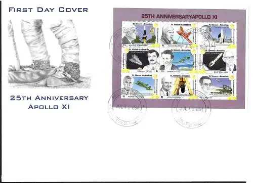 St. Vincent&Grenadines: 25th Anniversary of First Moon Landing, Apollo 11, FDC