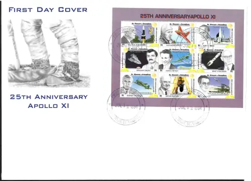 St. Vincent&Grenadines: 25th Anniversary of First Moon Landing, Apollo 11, FDC