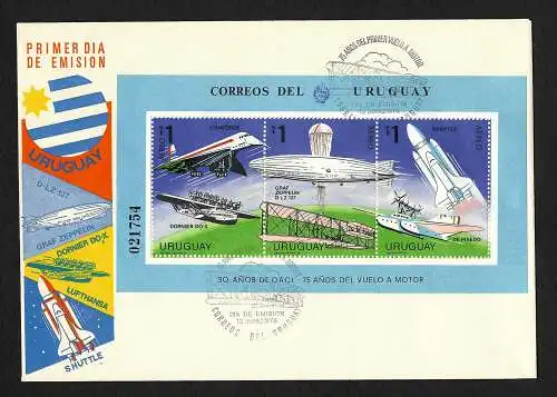 Uruguay 20 Jahre ICAO: Gebrüder Wright, Zeppelin LZ127, Concorde, Block #36, FDC