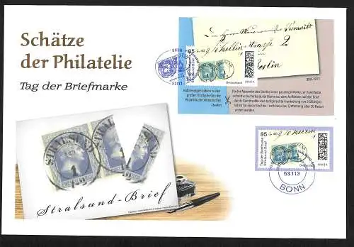 Bund: Tag der Briefmarke, Stralsund Brief 2023, FDC, 2 verschiedene Stempel