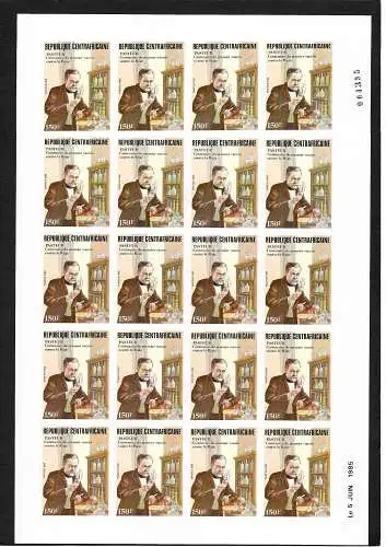 Zentralafrika: 100 Jahre erste Tollwutimpfung Pasteur, Bogen mit 20x Briefmarken