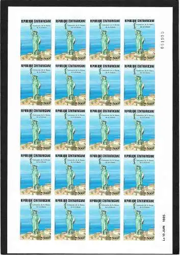 Zentralafrika: 100 Jahrestag der Freiheitsstatue, Bogen postfrisch