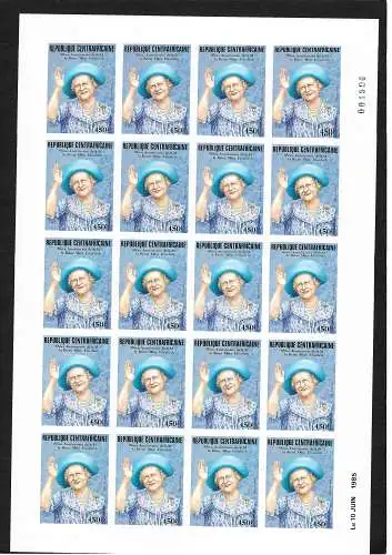 Zentralafrika: 85. Geburtstag von Königin Elisabeth, 1985, Bogen postfrisch