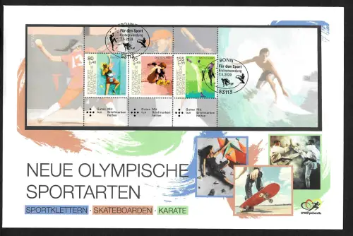 Bund: 2020: Für den Sport: Sportarten, Block aus MH auf FDC