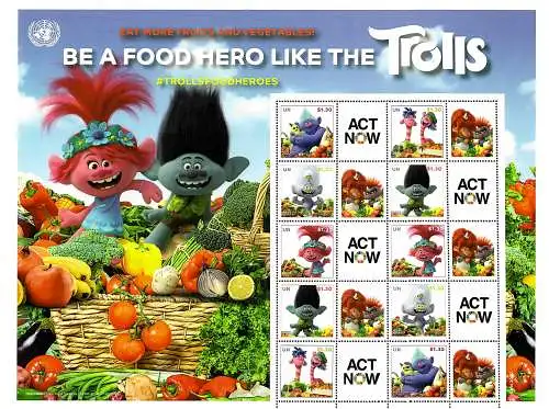 UNO New York 2022: Be a food Hero like the Trolls, #1847-51 Block postfrisch