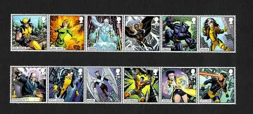 GB: marvel X-Men: 12x stamps: Wolverine, Iceman, Storm, Beast, Rogue, ... mnh