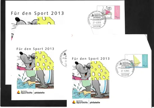 Bund: Für den Sport 2013: Sporthilfe, 3x Briefe mit Sonderstempel Frankfurt/M